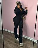 Women Solid Color Zipper Tops And Flared Pants Two Pieces Sets MEM-88618