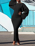 Women's Solid Color Splicing Asymmetrical Pit Strip Long Sleeve Maxi Dress OD-8625