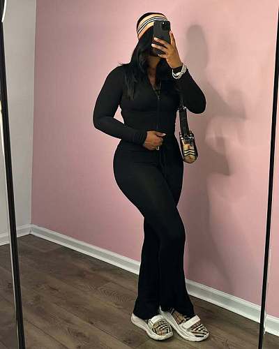 Women Solid Color Zipper Tops And Flared Pants Two Pieces Sets MEM-88618