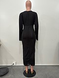 Women's Solid Color Splicing Asymmetrical Pit Strip Long Sleeve Maxi Dress OD-8625