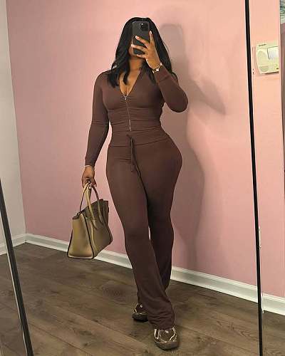 Women Solid Color Zipper Tops And Flared Pants Two Pieces Sets MEM-88618