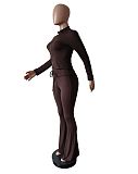 Women Solid Color Zipper Tops And Flared Pants Two Pieces Sets MEM-88618