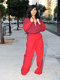 Red Two Pieces Sets Women Zipper Lapel Patchwork Straight Pants MIL-120