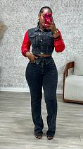 Fashion Women PU-leather Splicing Strech Long Jeans MEM-88611