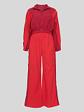 Red Two Pieces Sets Women Zipper Lapel Patchwork Straight Pants MIL-120