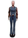 Fashion Women PU-leather Splicing Strech Long Jeans Two Pieces MEM-88611