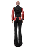 Fashion Women PU-leather Splicing Strech Long Jeans Two Pieces MEM-88611