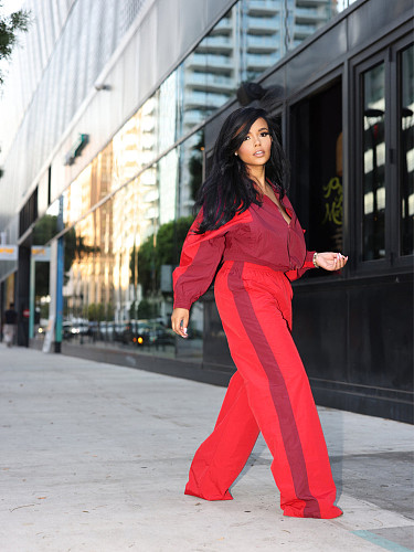 Red Two Pieces Sets Women Zipper Lapel Patchwork Straight Pants MIL-120