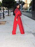 Red Two Pieces Sets Women Zipper Lapel Patchwork Straight Pants MIL-120