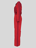 Red Two Pieces Sets Women Zipper Lapel Patchwork Straight Pants MIL-120