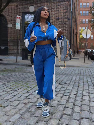 Blue Casual Sets Women Zipper Tops And Straight Pants MIL-132
