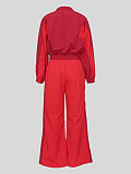 Red Two Pieces Sets Women Zipper Lapel Patchwork Straight Pants MIL-120