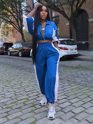 Blue Casual Sets Women Zipper Tops And Straight Pants MIL-132