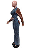 Fashion Women PU-leather Splicing Strech Long Jeans Two Pieces MEM-88611