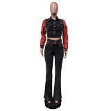 Fashion Women PU-leather Splicing Strech Long Jeans Two Pieces MEM-88611