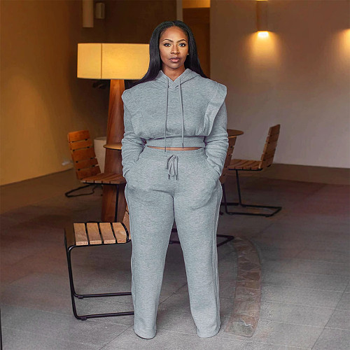 Women Long Sleeve Hoodies And Wide-leg Pants Gray 2 Pieces Sets NY-10969