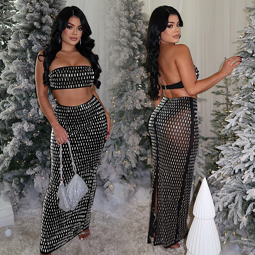 Sexy Strapless Backless Crop Top And Bodycon Long Skirt 2 Pieces Sets BY-7222