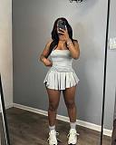 Casual Girls CVC Cotton Straps Crop Tops And Pleated Two-pieces Sets CM-8726