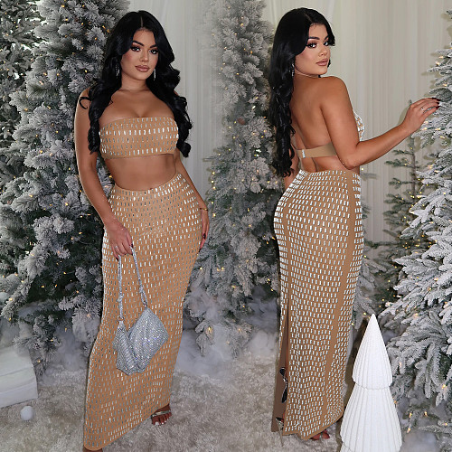 Sexy Strapless Backless Crop Top And Bodycon Long Skirt 2 Pieces Sets BY-7222