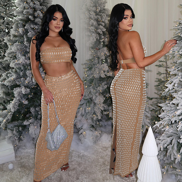 Sexy Strapless Backless Crop Top And Bodycon Long Skirt 2 Pieces Sets BY-7222