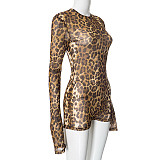 Women's Round Neck Leopard Print Mesh Hollowed-out Backless Button Romper RS-D24RP687