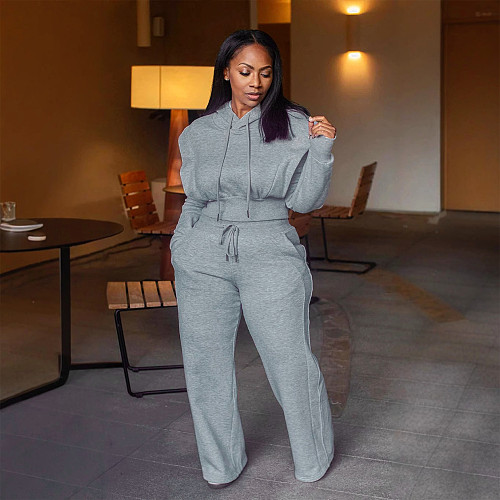 Women Long Sleeve Hoodies And Wide-leg Pants Gray 2 Pieces Sets NY-10969