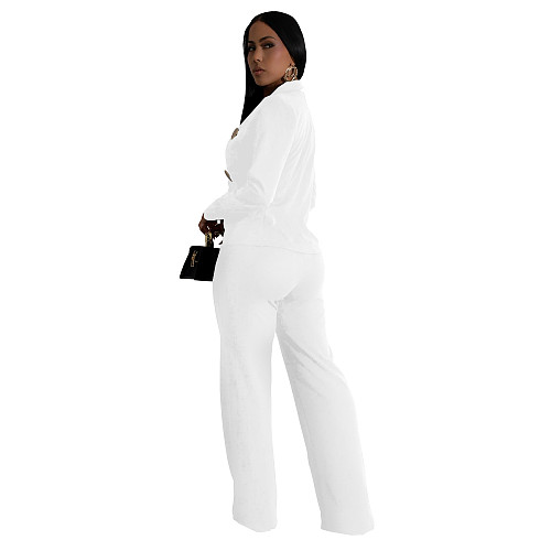 Fashion Women's Long Sleeve Coat Solid Color Pants Two-piece Set BY-7212