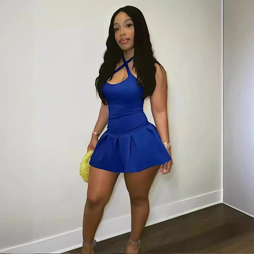 Sexy Women Halter Sleeveless Pleated Short Dress Blue RS-809