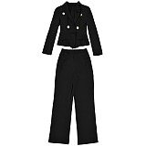 Fashion Women's Long Sleeve Coat Solid Color Pants Two-piece Set BY-7212