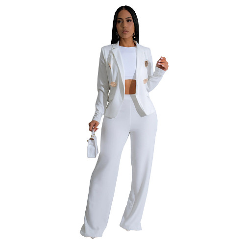 Fashion Women's Long Sleeve Coat Solid Color Pants Two-piece Set BY-7212