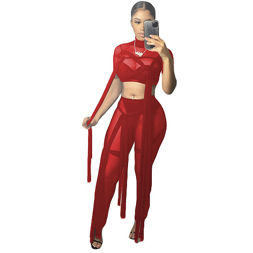 Women's Sexy See-through Mesh Binding Solid Color Short-sleeved Two-piece Set CN-0108