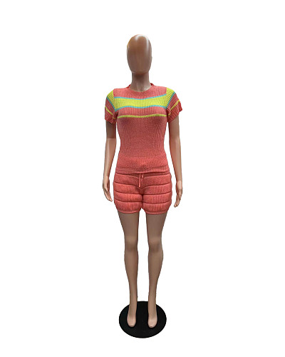 Leisure Girls Round Neck Short Sleeves Package Hip Shorts Sweater 2 Pieces Suits XT-8105