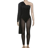 Sexy Single Sleeve Oblique Shoulder Mesh Bodycon Jumpsuit DLS-61539