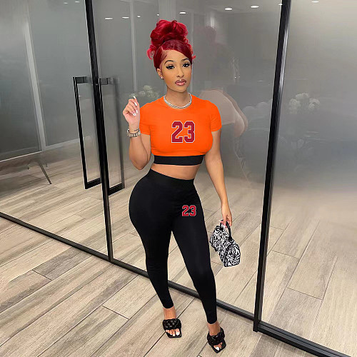 Casual 2 Pieces Sets Women Round Neck Crop Top and High Waist Pants OQ-0194