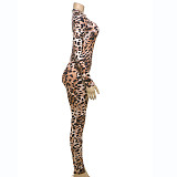 Sexy Leopard Print Long Sleeves Round Neck Women Bodycon Jumpsuit DLS-59682