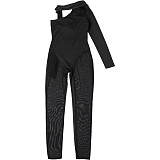 Sexy Single Sleeve Oblique Shoulder Mesh Bodycon Jumpsuit DLS-61539