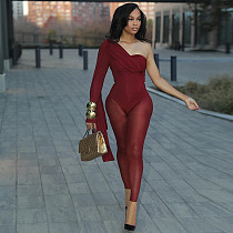 Sexy Single Sleeve Oblique Shoulder Mesh Bodycon Jumpsuit DLS-61539