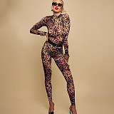 Sexy Leopard Print Long Sleeves Round Neck Women Bodycon Jumpsuit DLS-59682