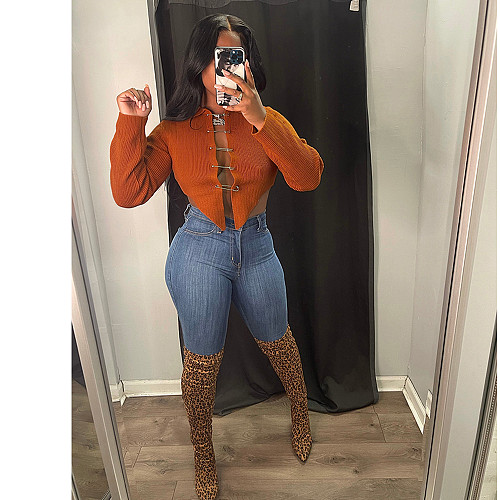 Ribbed Knitted Long Sleeve Pin Up Cardigan Crop Tops CN-0196
