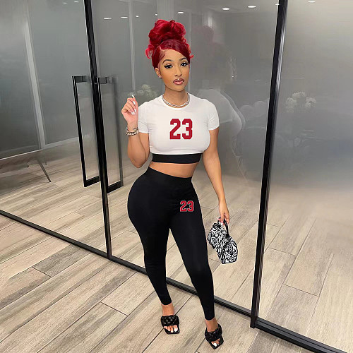 Casual 2 Pieces Sets Women Round Neck Crop Top and High Waist Pants OQ-0194
