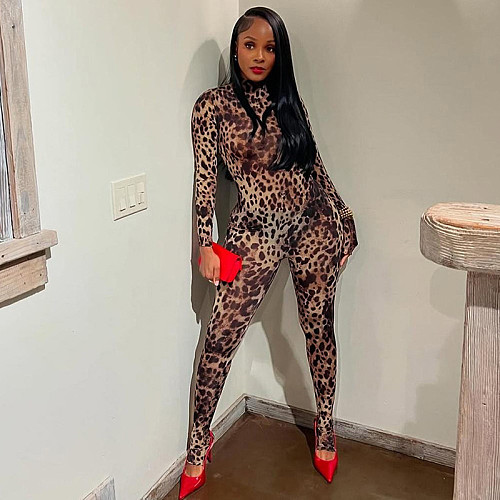 Sexy Leopard Print Long Sleeves Round Neck Women Bodycon Jumpsuit DLS-59682
