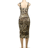 Ladies Sexy Low Cut Leopard Printed Straps Slim Bodycon Maxi Dress DLS-62097