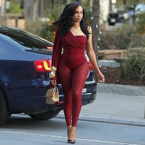 Sexy Single Sleeve Oblique Shoulder Mesh Bodycon Jumpsuit DLS-61539