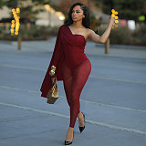 Sexy Single Sleeve Oblique Shoulder Mesh Bodycon Jumpsuit DLS-61539