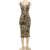 Ladies Sexy Low Cut Leopard Printed Straps Slim Bodycon Maxi Dress DLS-62097