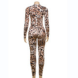 Sexy Leopard Print Long Sleeves Round Neck Women Bodycon Jumpsuit DLS-59682