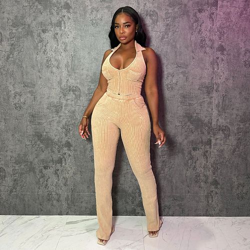 2025 Sexy Halter U-neck Crop Top And Bodycon Pants Women Sets YF-10817