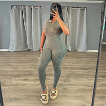 Women's Zipper Short Sleeve Lapel Bodycon Jumpsuit YF-10819
