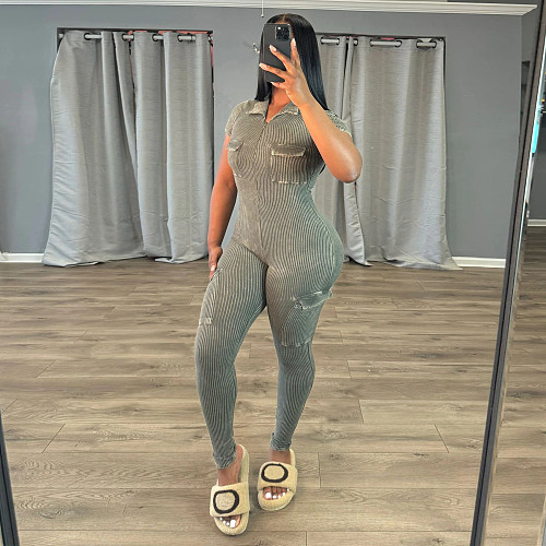 Women's Zipper Short Sleeve Lapel Bodycon Jumpsuit YF-10819