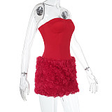Red Sexy Strapless Women Three-dimensional Flower Short Dress SUM-24432